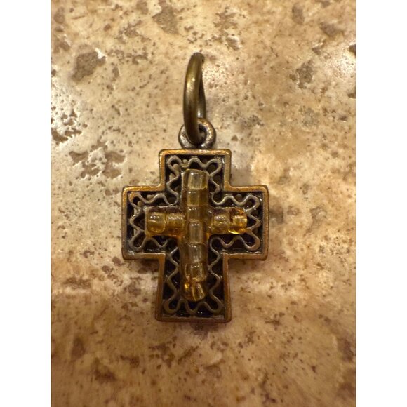 Vintage Brass Cross Pendant With Beaded Accent - Picture 2 of 3